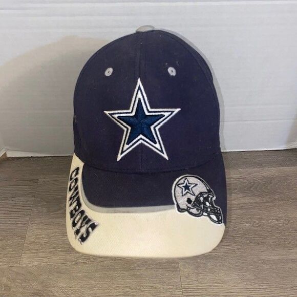 Vintage Dallas Cowboys Hat Cap Strap Blue Spell Out Embroidered Stars NFL Helmet - Picture 1 of 7